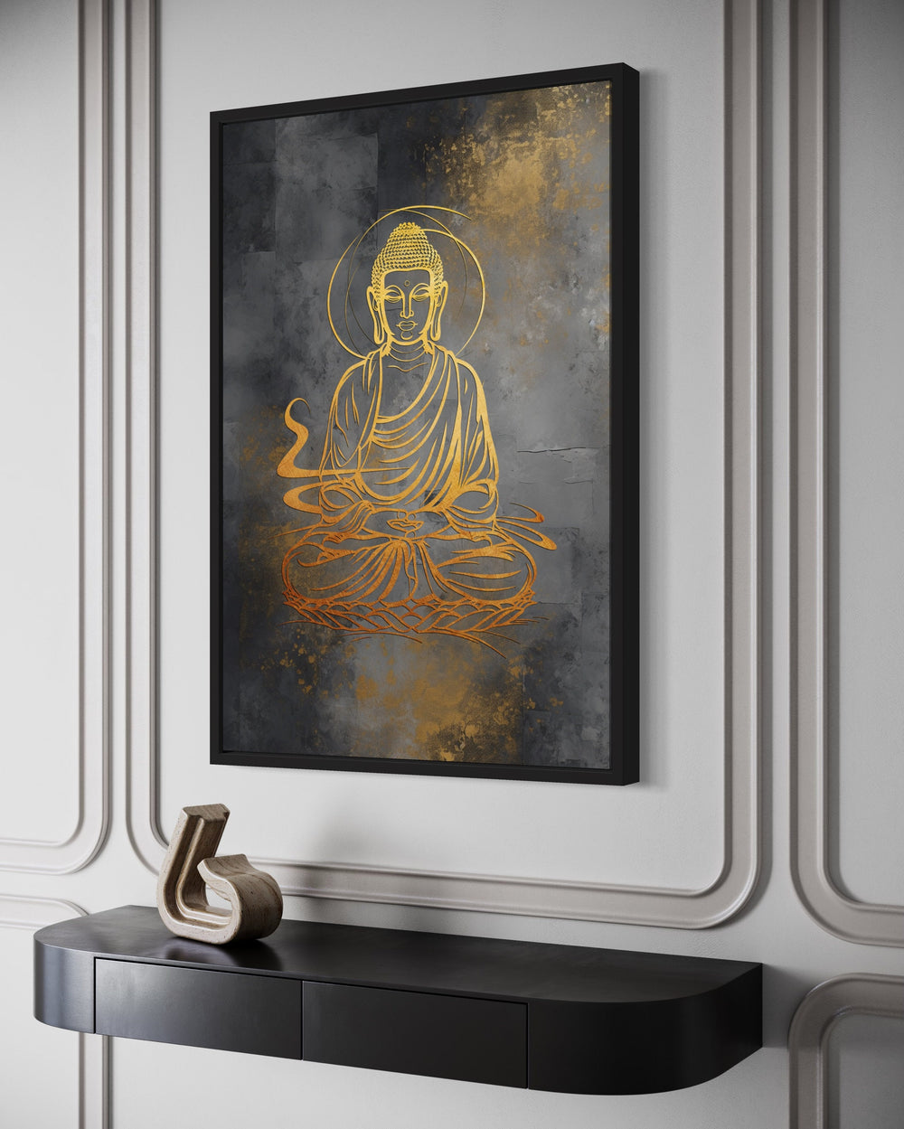 Minimalist Buddha Indian Gold Silver Framed Canvas Wall Art side view