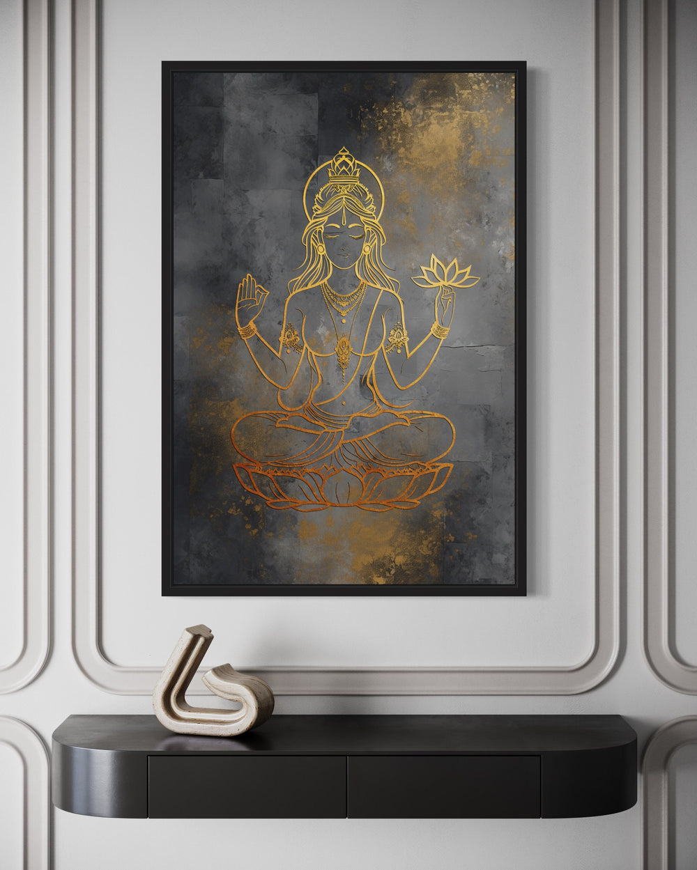 Minimalist Lakshmi Gold Silver Indian Goddess Framed Canvas Wall Art close up
