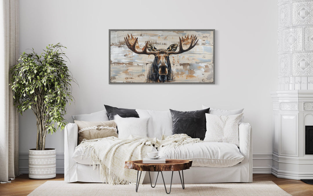 Moose Painting On Wood Extra Large Cabin Framed Canvas Wall Art above white couch