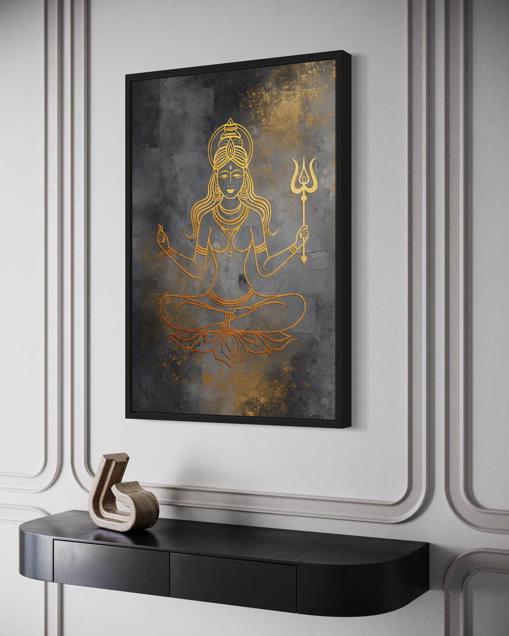 Minimalist Parvati Gold Silver Indian Goddess Framed Canvas Wall Art in indian room side view