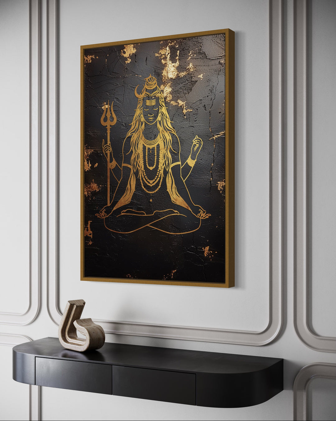 Minimalist Black Gold Lord Shiva Indian Framed Canvas Wall Art side view