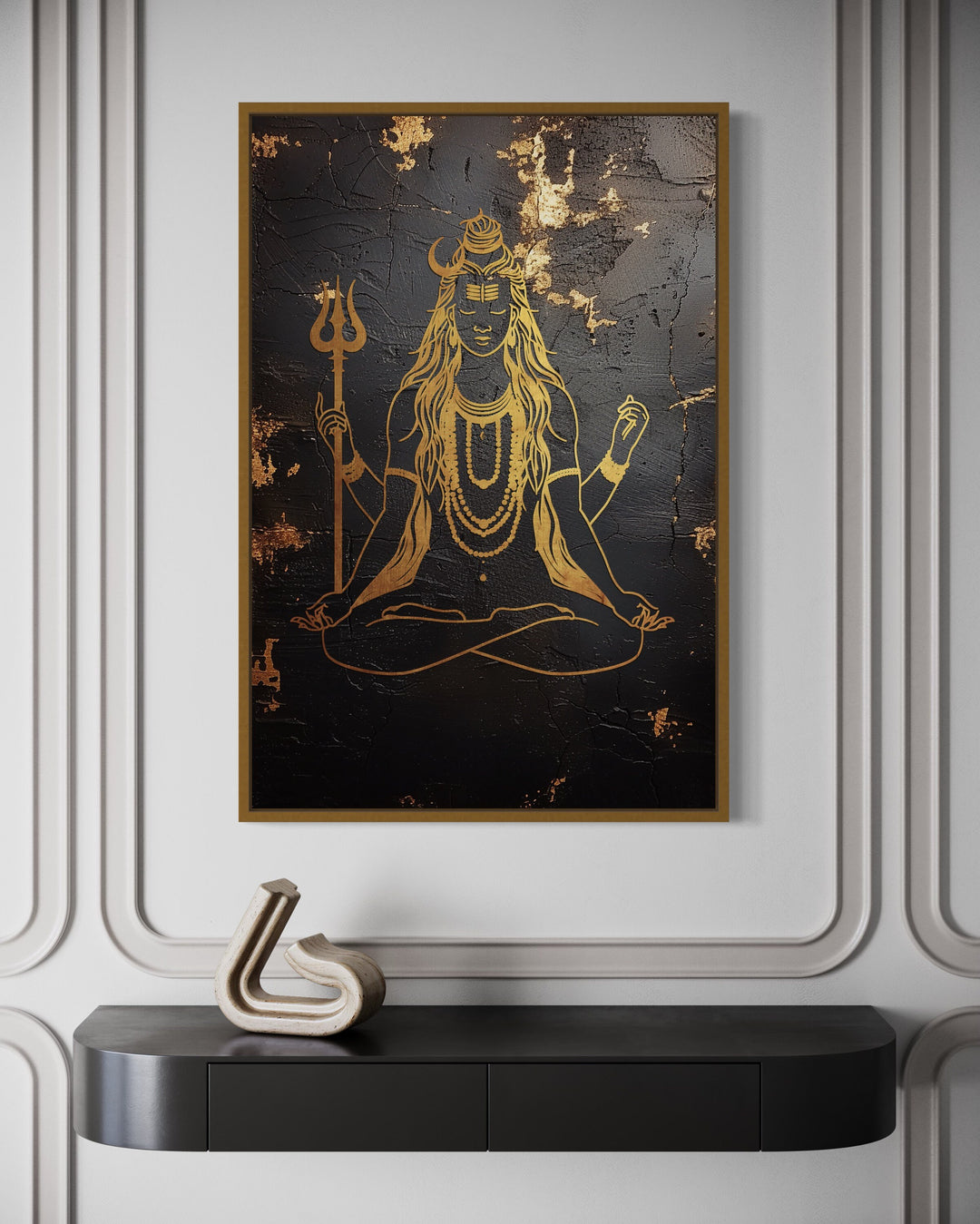 Minimalist Black Gold Lord Shiva Indian Framed Canvas Wall Art close up