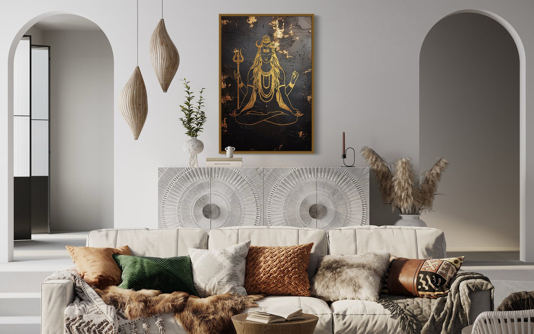 Minimalist Black Gold Lord Shiva Indian Framed Canvas Wall Art in indian room