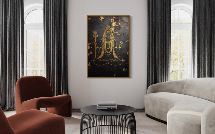 Minimalist Black Gold Lord Shiva Indian Framed Canvas Wall Art in living room