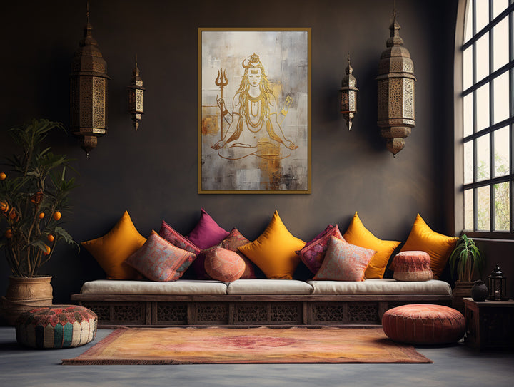 Minimalist White Gold Lord Shiva Painting Framed Indian Canvas Wall Art in indian room
