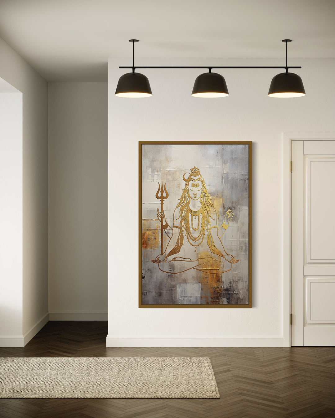 Minimalist White Gold Lord Shiva Painting Framed Indian Canvas Wall Art in living room