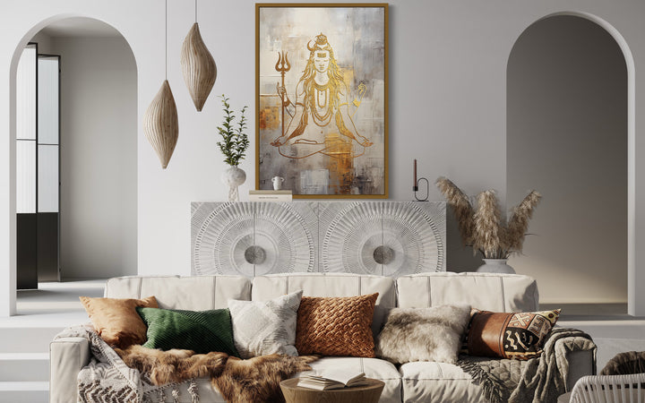 Minimalist White Gold Lord Shiva Painting Framed Indian Canvas Wall Art in luxury room