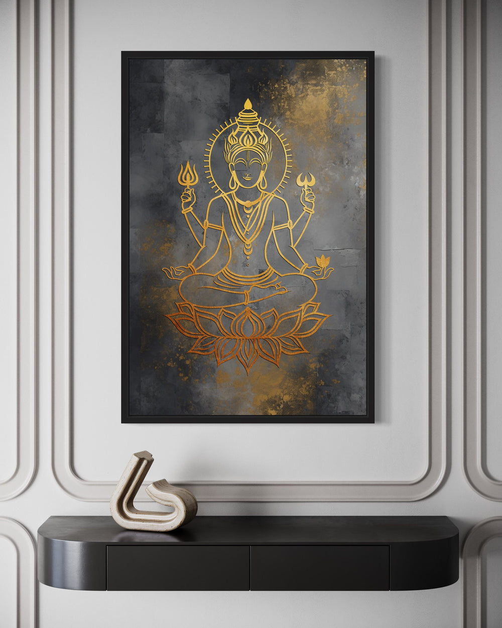 Minimalist Lord Vishnu Gold Silver Indian Framed Canvas Wall Art close up