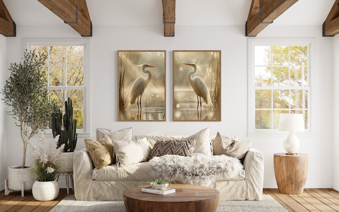 Set of 2 Great Egrets Coastal Birds Framed Canvas Wall Art