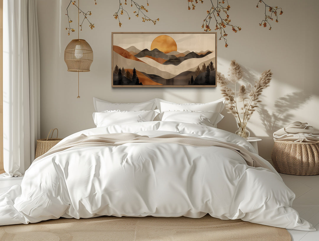 Boho Mountain And Sun Brown Beige Earth Tones Framed Canvas Wall Art above neutral bed