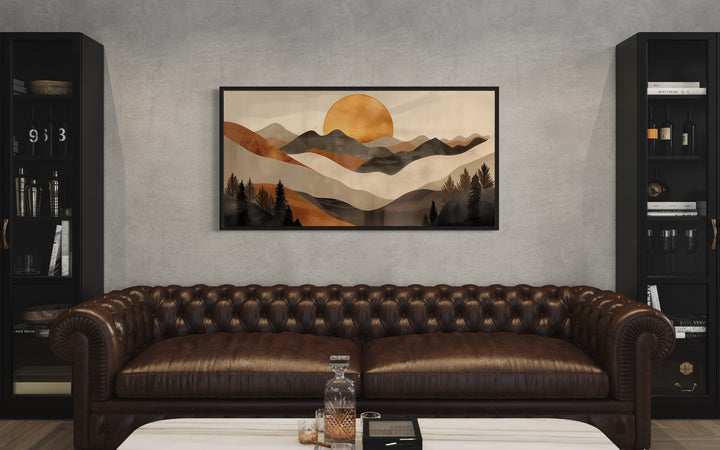 Boho Mountain And Sun Brown Beige Earth Tones Framed Canvas Wall Art above brown couch