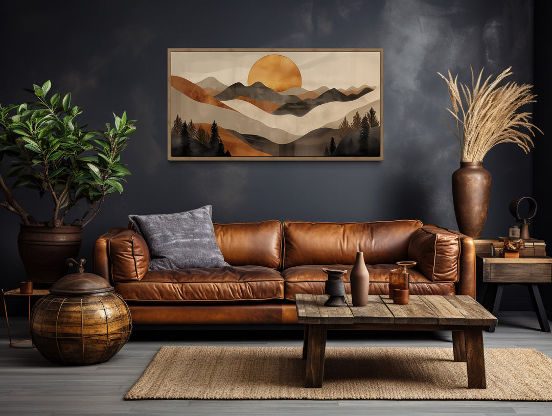 Boho Mountain And Sun Brown Beige Earth Tones Framed Canvas Wall Art above brown couch, dark wall