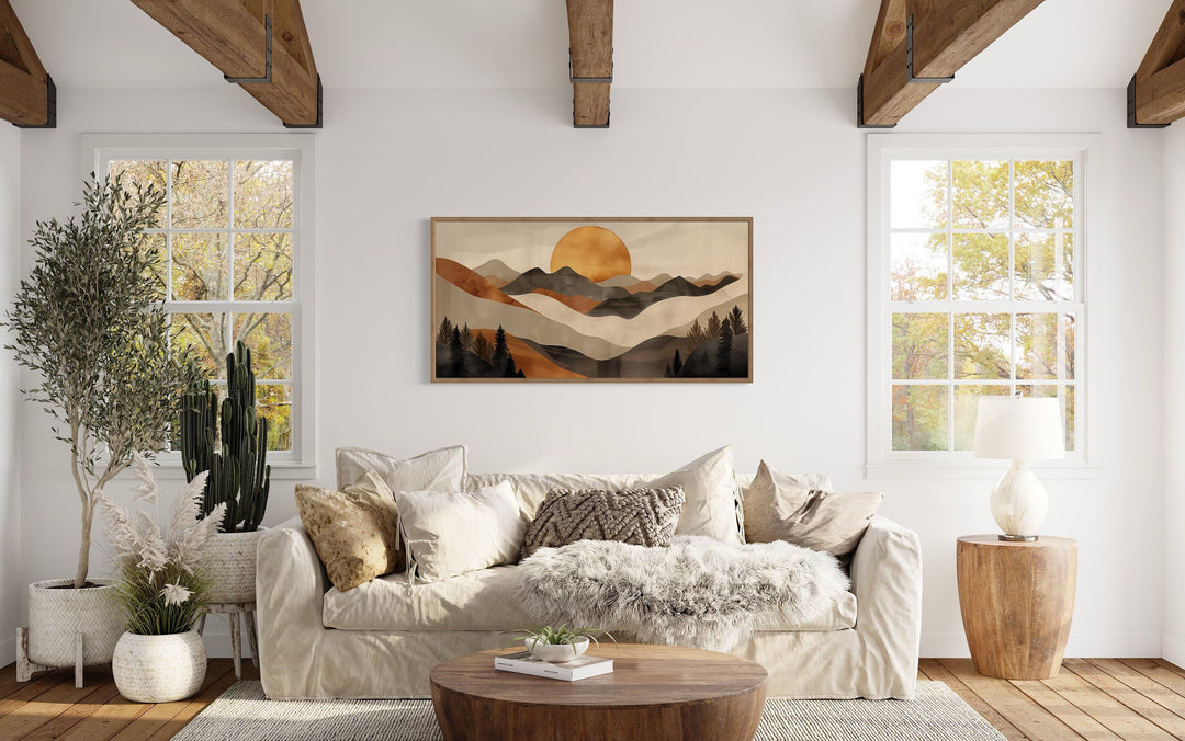 Boho Mountain And Sun Wall Art, Neutral Brown Beige Living Room Wall Decor,