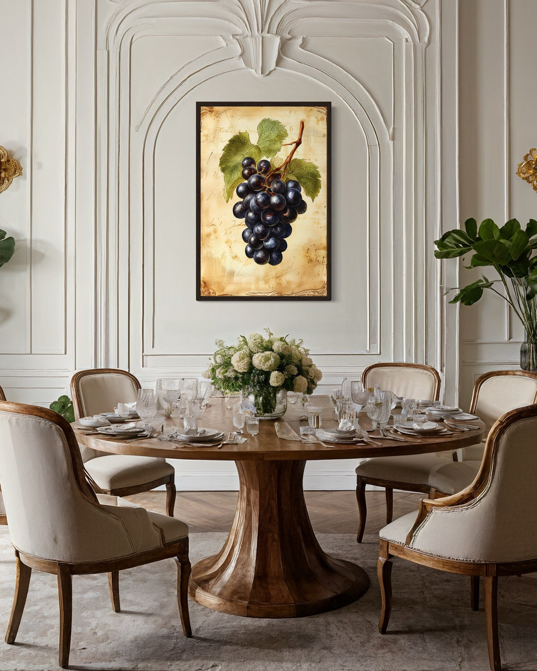 Vintage Grapes Painting Framed Canvas Fruit Wall Art in the Kitchen