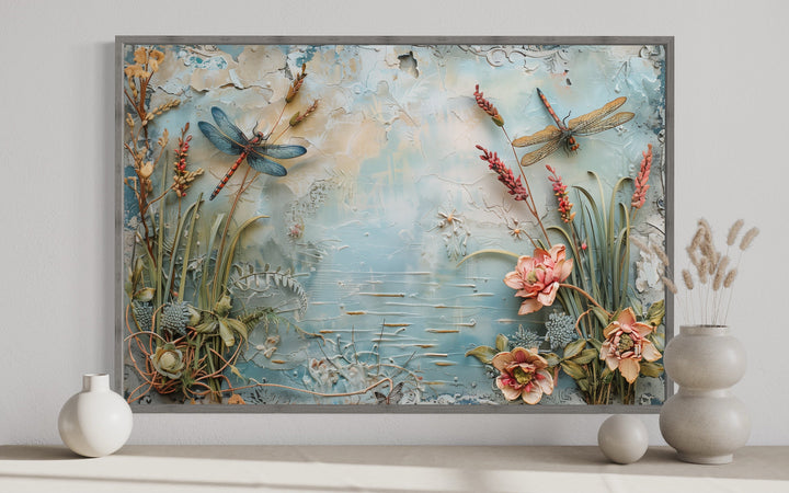 Shabby Chic Dragonfly On The Pond Painting Canvas Print - Vintage Farmhouse Rustic Wall Decor