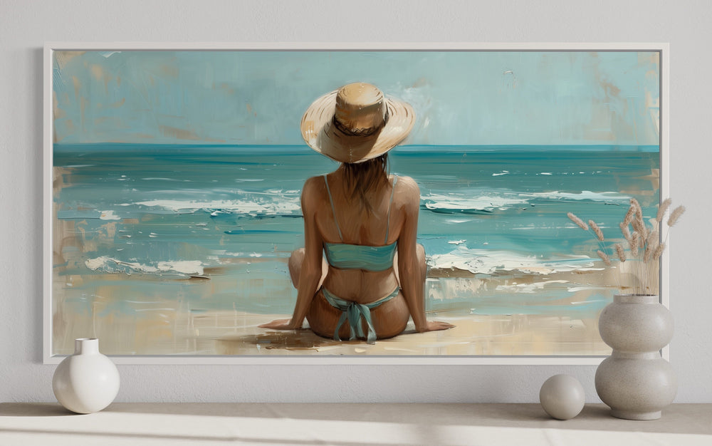 Beautiful Woman In Swimming Suit And Hat On The Beach Framed Canvas Wall Art close up