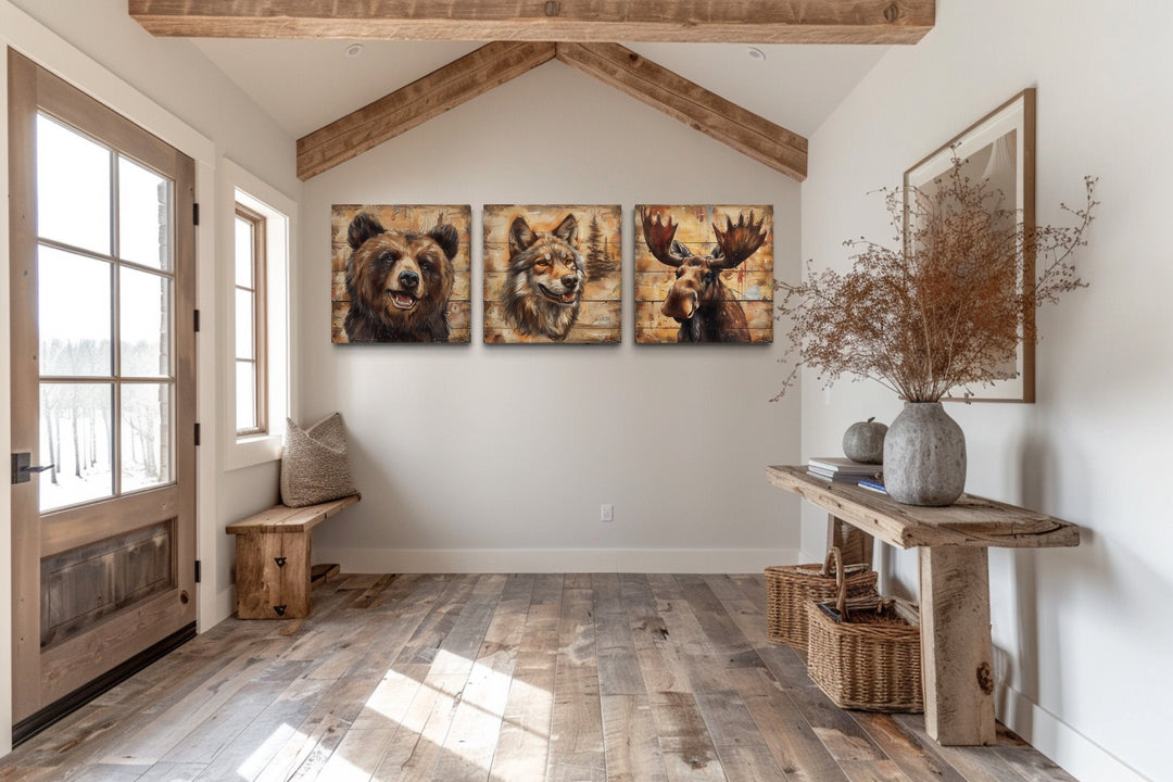 Moose, Bear, Wolf Wildlife Cabin Decor Framed Canvas Wall Art in rustic cabin