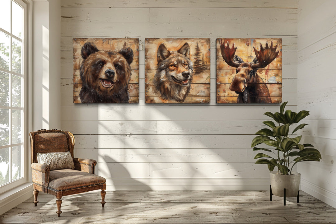 Moose, Bear, Wolf Wildlife Cabin Decor Framed Canvas Wall Art in log cabin