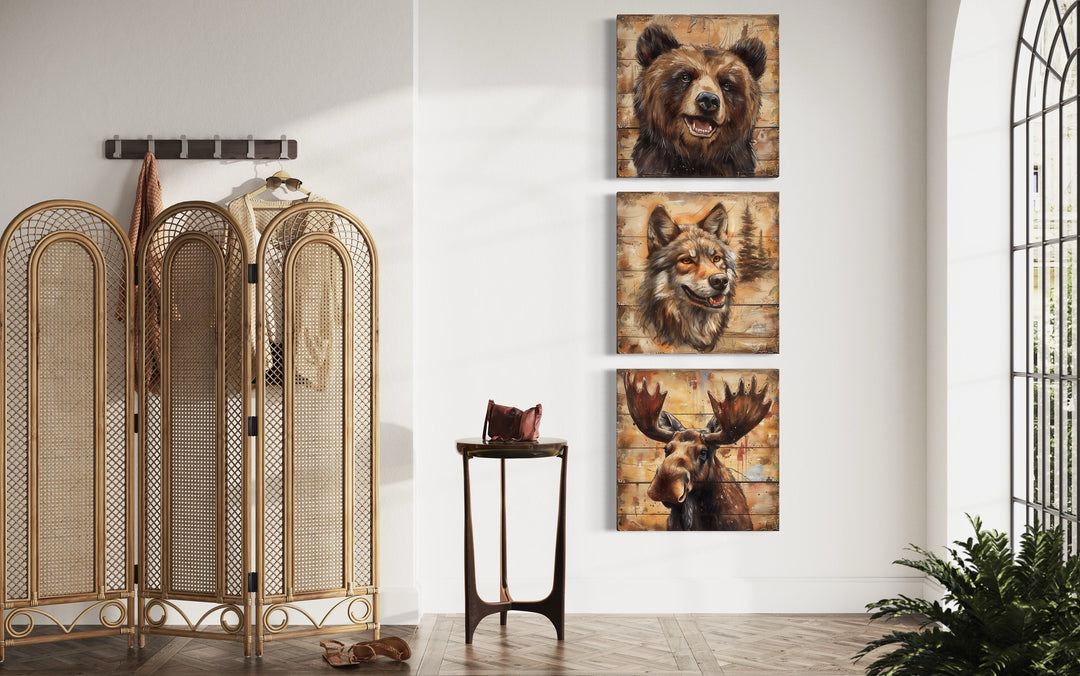 Moose, Bear, Wolf Wildlife Cabin Decor Framed Canvas Wall Art