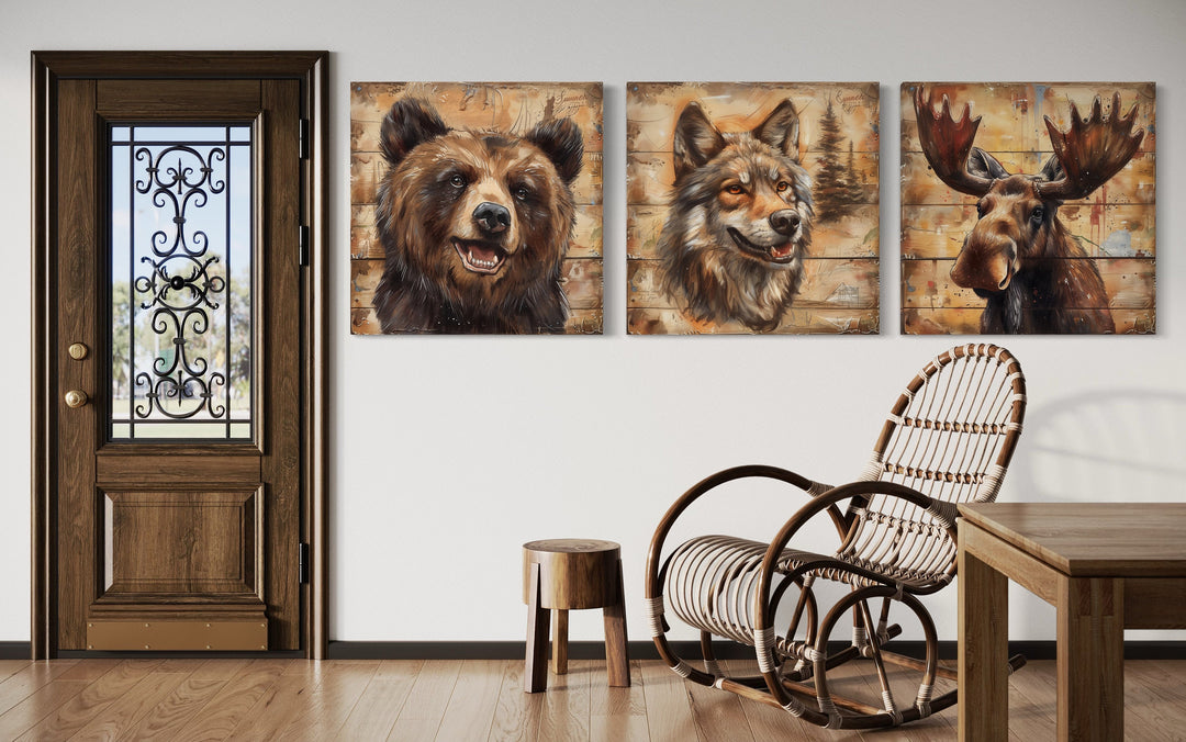 Moose, Bear, Wolf Wildlife Framed Canvas Wall Art