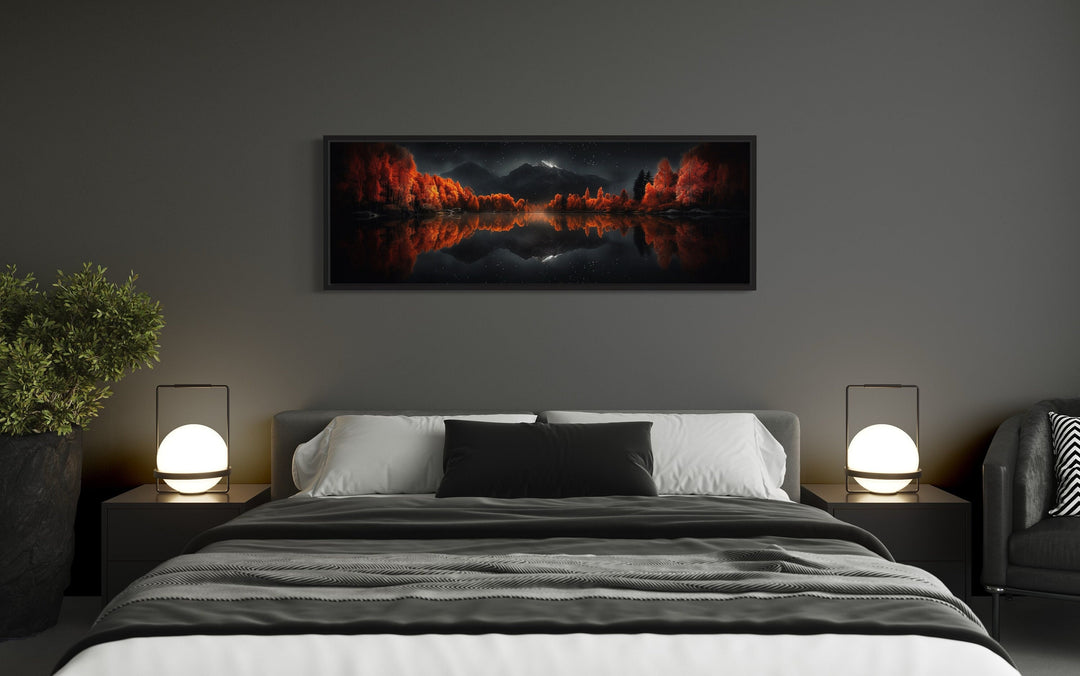 Starry Night Sky Over Mirror Lake In Autumn Mens Bedroom Wall Art