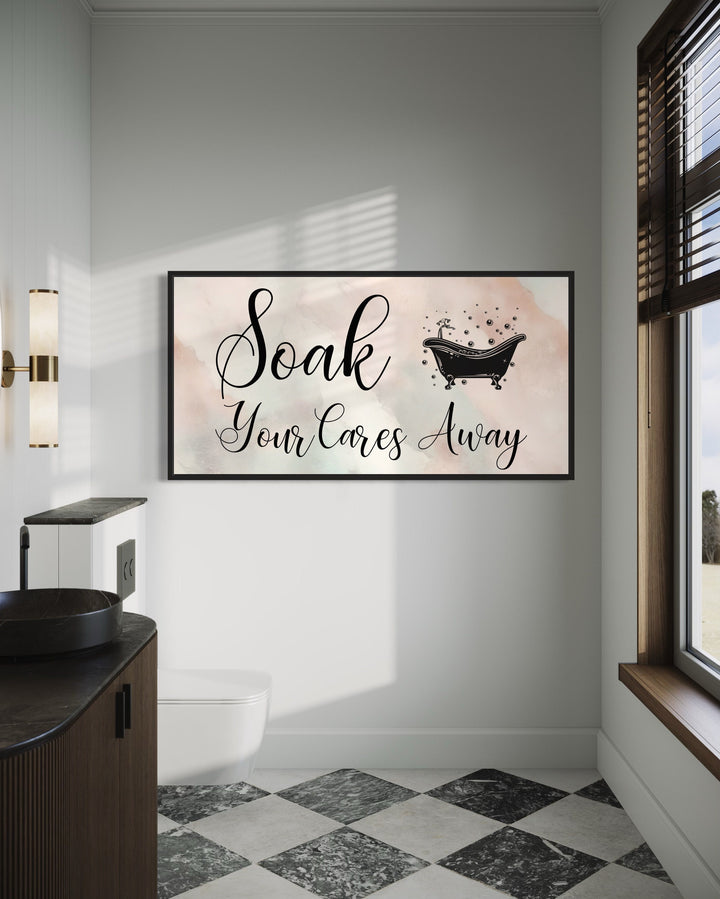 Soft Green Pink Soak Your Cares Away Zen Bathroom Wall Art in bathroom