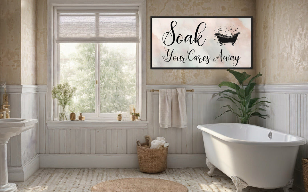 Soft Green Pink Soak Your Cares Away Zen Bathroom Wall Art in bathroom