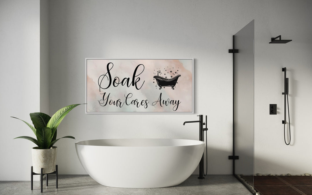 Soft Green Pink Soak Your Cares Away Zen Bathroom Wall Art in bathroom