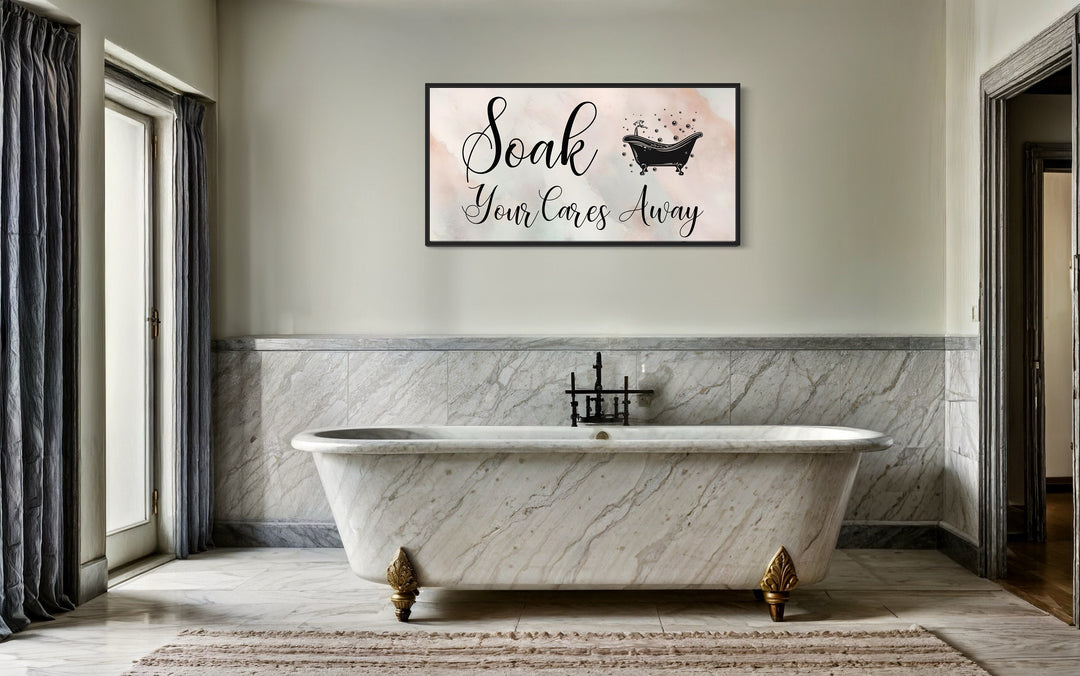 Soft Green Pink Soak Your Cares Away Zen Bathroom Wall Art in bathroom