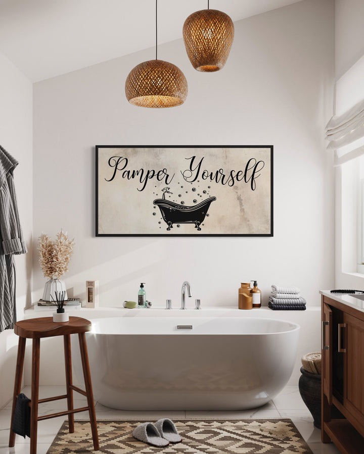 Bathroom Wall Art, Beige Neutral Pamper Yourself Sign Canvas Print