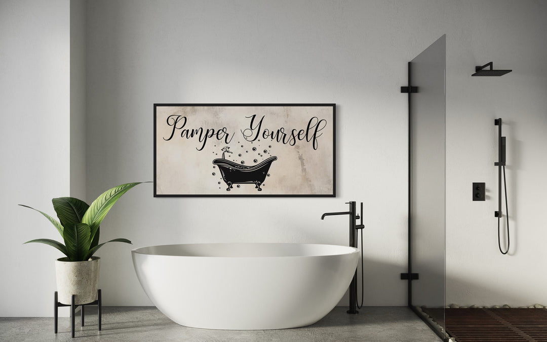 Bathroom Wall Art, Beige Neutral Pamper Yourself Sign Canvas Print in bathroom