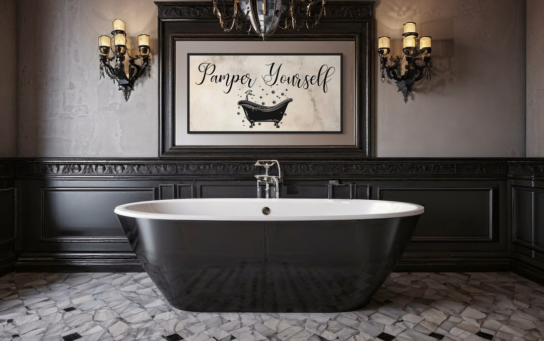 Bathroom Wall Art, Beige Neutral Pamper Yourself Sign Canvas Print