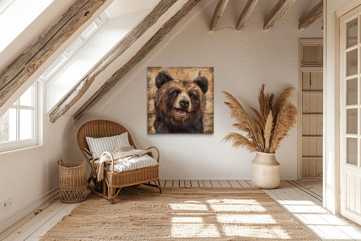 Cute Bear Portrait on Distressed Wood Framed Cabin Wall Decor