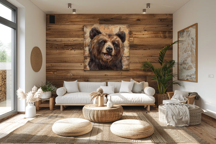 Cute Bear Portrait on Distressed Wood Framed Cabin Wall Decor