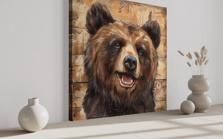 Cute Bear Portrait on Distressed Wood Framed Cabin Wall Decor side view