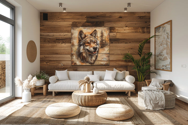 Rustic Wolf Painting On Wood Framed Canvas Wall Art in wooden lodge