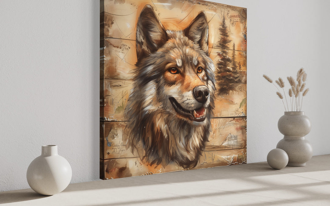 Rustic Wolf Painting On Wood Framed Canvas Wall Art side view