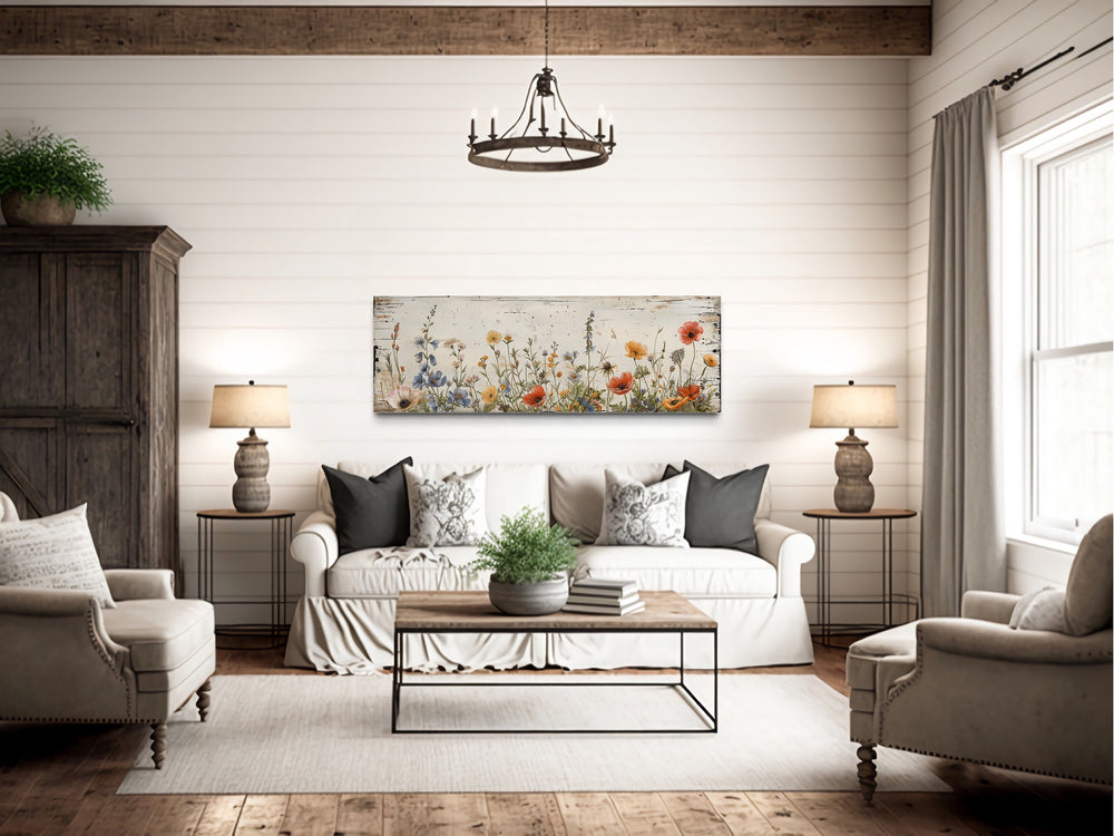 Rustic Chic Wildflowers Field Over Bed Long Narrow Farmhouse Wall Art