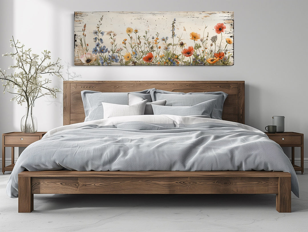 Rustic Over Bed Farmhouse Wall Art, Wildflowers Field Painting On White Distressed Wood Canvas