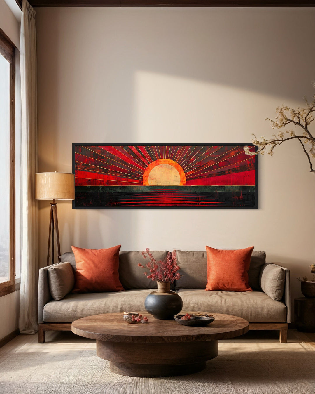 Mid Century Modern Black Red Long Horizontal Sun Wall Art