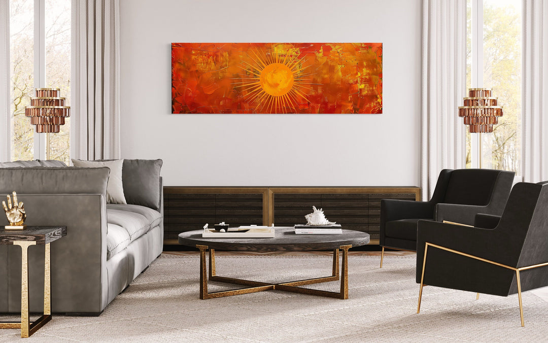 Abstract Mid Century Modern Boho Orange Sun Panoramic Wall Art in living room