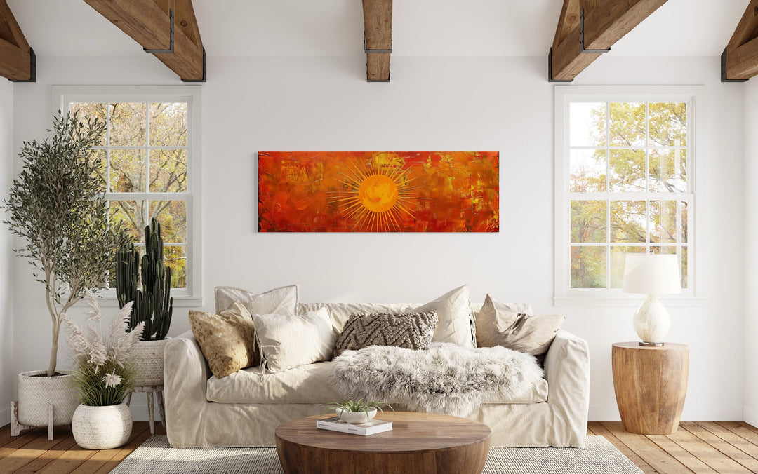 Abstract Mid Century Modern Boho Orange Sun Panoramic Wall Art above beige couch