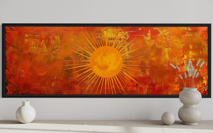 Abstract Mid Century Modern Boho Orange Sun Panoramic Wall Art close up