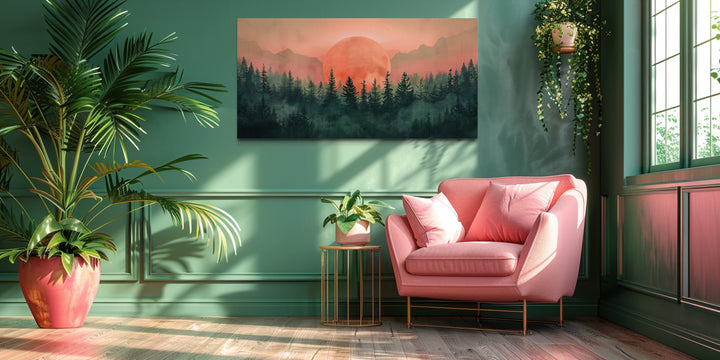 Green And Pink Sun Setting Over Forest Framed Canvas Wall Art