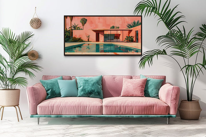 Green And Pink Mid Century Modern Architecture Wall Art above couch