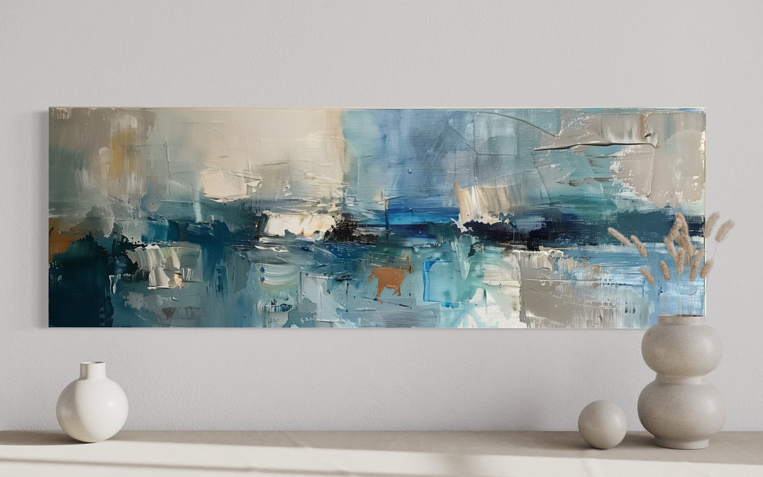 Blue Grey Aqua Calm Peaceful Abstract Above Bed Long Narrow Wall Art close up