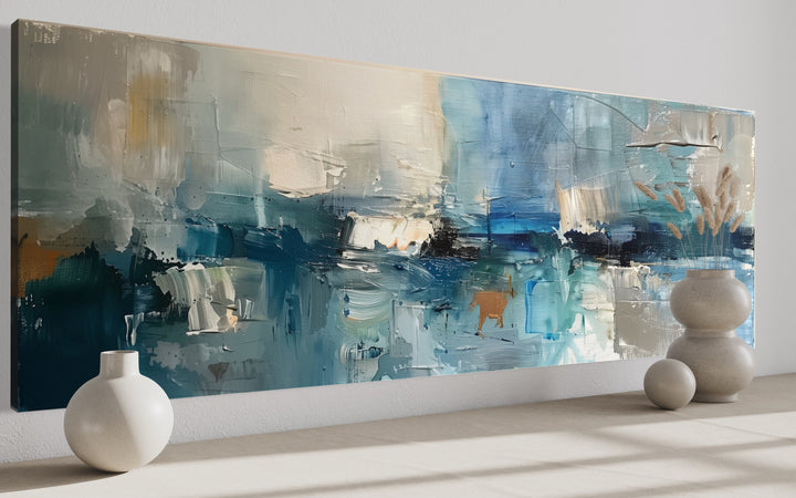 Blue Grey Aqua Calm Peaceful Abstract Above Bed Long Narrow Wall Art side view