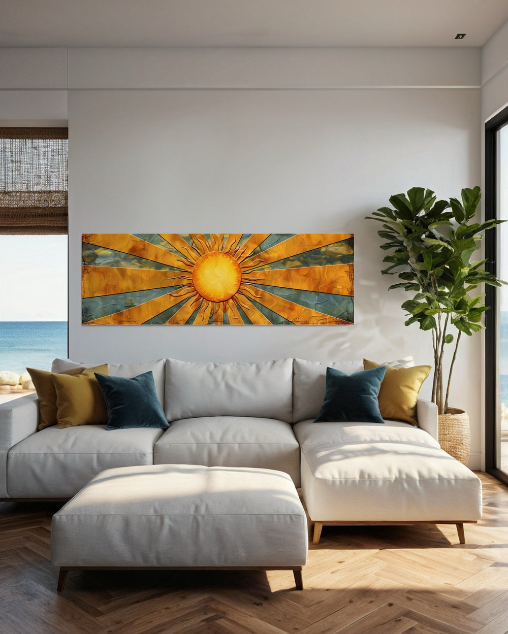 Mid Century Modern Yellow Sun Rays Horizontal Canvas Wall Art