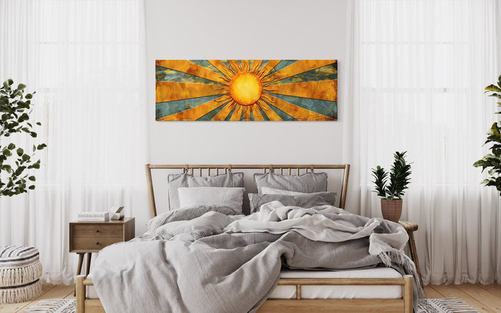 Mid Century Modern Yellow Sun Rays Horizontal Canvas Wall Art above bed
