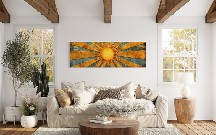 Mid Century Modern Yellow Sun Rays Horizontal Canvas Wall Art above beige couch